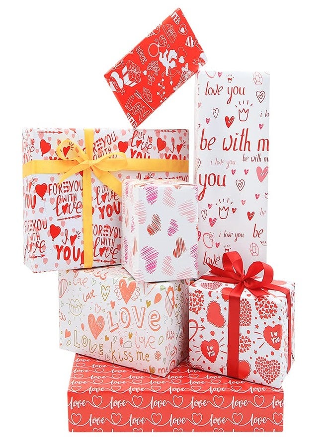 Geluode Valentines Day Wrapping Paper,7 Sheets 7 Design Red White Pink Heart Gift Wrap Paper Set,Funny Love Wrapping Paper With 3-Color Ribbon For Adult Men Women Mothers Fathers Day Birthday Holiday Wedding - Image 1